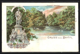 Lithographie Berlin-Tiergarten, Blick Auf Goethe-Denkmal, Thiergarten, Neuer See  - Tiergarten