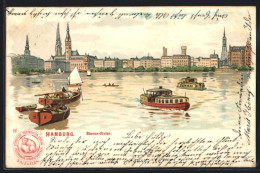 Lithographie Hamburg-Neustadt, Flusspartie Binnen-Alster  - Mitte