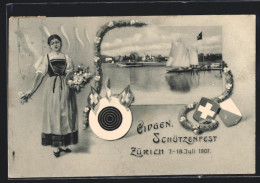 AK Zürich, Eidgen. Schützenfest 1907, Dampfer Am Hafen, Frau Mit Blumenkorb  - Jacht