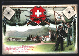AK Zürich, Eidgenössiches Schützenfest 1907, Schützen Mit Fahne Und Gewehr Unterwegs In Die Stadt  - Hunting