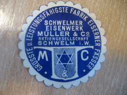 SCHWELM Muller Co Largest And Most Efficient Iron Barrel Factory GERMANY Poster Stamp Vignette ISRAEL Label - Other & Unclassified