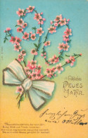 Glitzer Lithographie Glückwunsch Neujahr 1901, Blumen, Weiße Schleife - Nouvel An