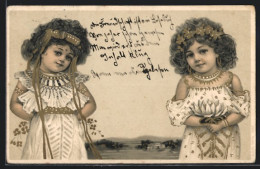 Lithographie Zwei Junge Mädchen Mit Kleidern Und Kopfschmuck Im Jugendstil  - Autres & Non Classés
