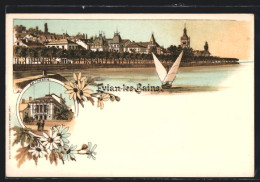 Lithographie Evian-les-Bains, Le Theatre Et Vue Générale  - Evian-les-Bains