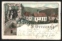 Lithographie St. Ottilien B. Freiburg, Ortsansicht, Mönch Beim Gebet  - Freiburg I. Br.