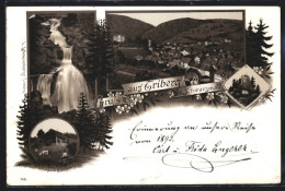 Lithographie Triberg Im Schwarzwald, Wasserfall, Schwarzwälder Bauernhaus, Ortsansicht  - Triberg