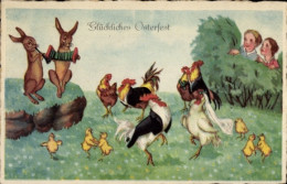 CPA Glückwunsch Ostern, Tanzende Hühner, Hähne, Küken, Musizierende Osterhasen, Kinder - Ostern
