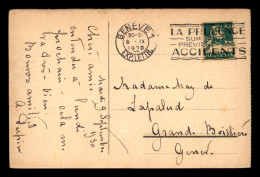 SUISSE - OBLITERATION MECANIQUE "LA PRUDENCE SUR ROUTE PREVIENT LES ACCIDENTS" - GENEVE 1 DU 9.9.1930 SUR TIMBRE N°161 - Poststempel