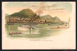 Lithographie Petersberg Im Siebengebirge, Ansicht Ort über Fluss Mit Dampfer  - Petersberg