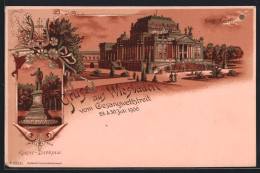 Lithographie Wiesbaden, Gesangwettstreit 1900, Kaiser-Denkmal, Neues Theater  - Sonstige & Ohne Zuordnung