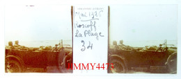 Mai 1926 - Roscoff - La Plage ( Vieille Voiture ) Plaque De Verre En Stéréo - Taille 44 X 107 Mlls - Glass Slides