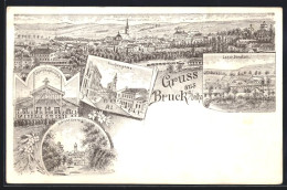 Lithographie Bruck A. Leitha, Kirchengasse, Schloss Harrach, Lager Baraken  - Andere & Zonder Classificatie