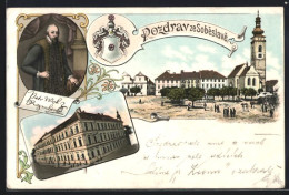 Lithographie Sobeslav, Platz Mit Passanten, Amtsgebäude, Wappen  - Tchéquie