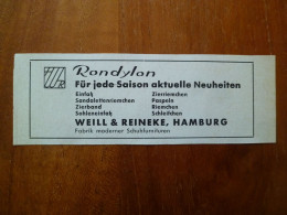 Publicité Pour Industrie De La Chaussure En RFA 1958 Weill & Reineke Rondylon Hamburg Passepoil Bordure Paspeln Riemchen - Publicités