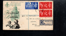 GB LETTRE FDC RECOMMANDEE POUR LA FRANCE 1951 - Brieven En Documenten