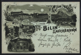 Lithographie Bilin / Bilina, Kurhaus, Marktplatz, Kaiser Franz Josef-Quelle  - Czech Republic