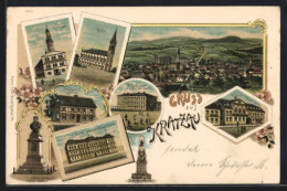 Lithographie Kratzau, Hotel Zur Kaiser Krone, Rathaus, Kirche  - Czech Republic