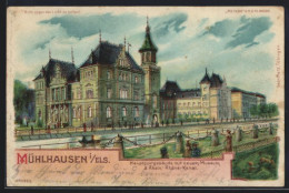 Lithographie Mülhausen I. Els., Hauptpostgebäude Avec Neuem Museum & Rhein-Rhône-Kanal, Halt Gegen Das Licht  - Autres & Non Classés