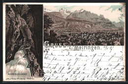Lithographie Meiringen, Aareschlucht, Totalansicht Mit Blick Auf Die Berge  - Meiringen