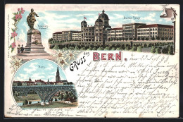 Lithographie Basel, Bundespalast, Bubenberg-Denkmal, Panorama Mit Brücke  - Basilea