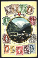 AK Interlaken, Panorama Im Passepartout Mit Briefmarken  - Interlaken