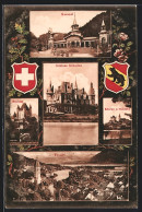 AK Thun, Kursaal, Schloss, Kirche Und Schloss Schadau, Ortsansicht Aus Der Vogelschau, Wappen  - Other & Unclassified
