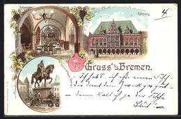 Lithographie Bremen, Rathaus, Kaiser-Wilhelm-Denkmal Und Rathskeller  - Bremen