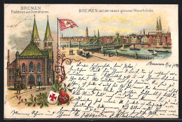 Lithographie Bremen, Rathaus Und Domtürme, Panorama Mit Der Neuen Grossen Weserbrücke  - Bremen
