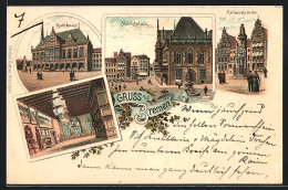 Lithographie Bremen, Rolandsäule, Marktplatz, Rathaus Und Rathaussaal  - Bremen