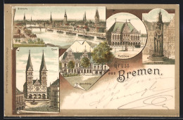 Lithographie Bremen, Ortsansicht, Roland, Rathaus, Gewerbehaus  - Bremen