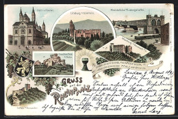 Lithographie Speyer, Dom, Maxburg, Rheinbrücke, Drachenfels  - Speyer