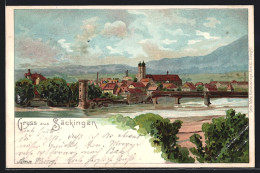 Lithographie Säckingen, Totalansicht Mit Flusspartie Und Brücke  - Bad Saeckingen