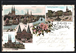 Lithographie Lübeck, Totalansicht, Holsten-Thor, Museum Und Dom  - Luebeck