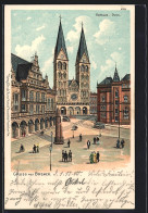 Lithographie Bremen, Rathaus Und Dom, Strassenbahn  - Bremen