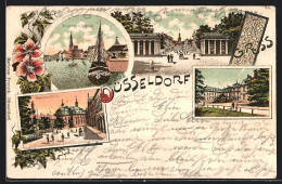 Lithographie Düsseldorf, Jägerhof, Ratinger Tor, Maximilianskirche Und Rheinpartie Mit Schiffbrücke  - Düsseldorf