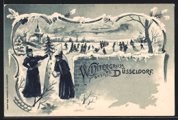 Winter-Lithographie Nürnberg, Schlittschuhläufer Auf Der Eisbahn U. Zwei Einen Schneemann Bauende Frauen  - Autres & Non Classés