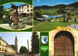 GNAS, STYRIA, MULTIPLE VIEWS, ARCHITECTURE, CARS, TOWER, STATUE, GATE, EMBLEM, RESORT, POOL, CHESS, AUSTRIA, POSTCARD - Andere & Zonder Classificatie