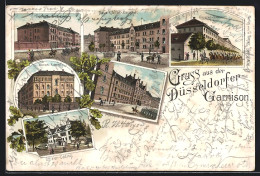 Lithographie Düsseldorf, Artillerie-Kaserne, Neue Ulanen-Kaserne, Husaren-Kaserne, Offizier-Casino  - Düsseldorf