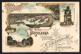 Lithographie Düsseldorf, Neuer Rheinhafen, Ratinger Tor, Kaiser Wilhelm-Denkmal  - Düsseldorf