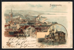 Lithographie Flensburg, Ortsansicht, Dampfschiff-Pavillon  - Flensburg