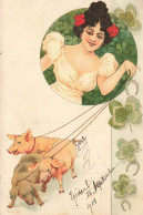 CARTE ILLUSTREE - Femme Style Art Nouveau Et Cochons. - Pigs