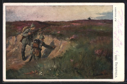 Künstler-AK Auf Vorposten, Deutsche Infanteristen Erspähen Feindlichen Kavallerist Auf Patrouille  - Guerre 1914-18