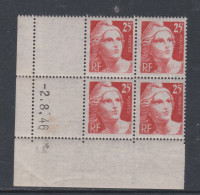 France N° 729 XX Marianne Gandon 25 F. Orange En Bloc De 4 Coin Daté Du  2 . 8 . 46 ; Sans Point Ss Charnière, TB - 1940-1949