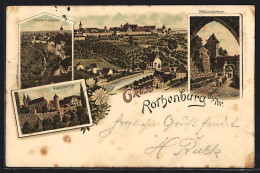 Lithographie Rothenburg / Tauber, Jacobskirche, Stadtmauerpartie, Kobolzellerthor & Ortsansicht  - Rothenburg O. D. Tauber