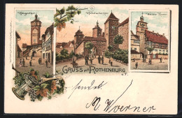 Lithographie Rothenburg O.T., Klingentor, Kobolzellertor, Weisser Turm, Wein  - Rothenburg O. D. Tauber