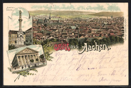 Lithographie Aachen, Marien-Säule, Theater, Ortsansicht Aus Der Vogelschau  - Theater