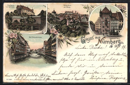 Lithographie Nürnberg, Nasssauer Haus, Fleischbrücke, Burg Von Westen  - Nuernberg