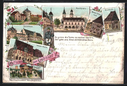 Vorläufer-Lithographie Goslar A. H., 1894, Pauls Hotel Mit Turm, Steinberg-Hotel, Marktplatz, Kaiserhaus  - Goslar