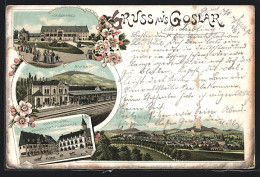 Lithographie Goslar, Bahnhof, Marktplatz, Kaiserworth Und Rathaus  - Goslar