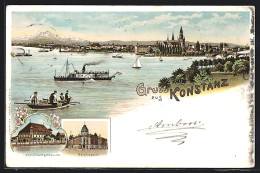 Lithographie Konstanz, Consiliumgebäude, Reichspost, Panorama Mit Dampfern Auf Dem See  - Konstanz